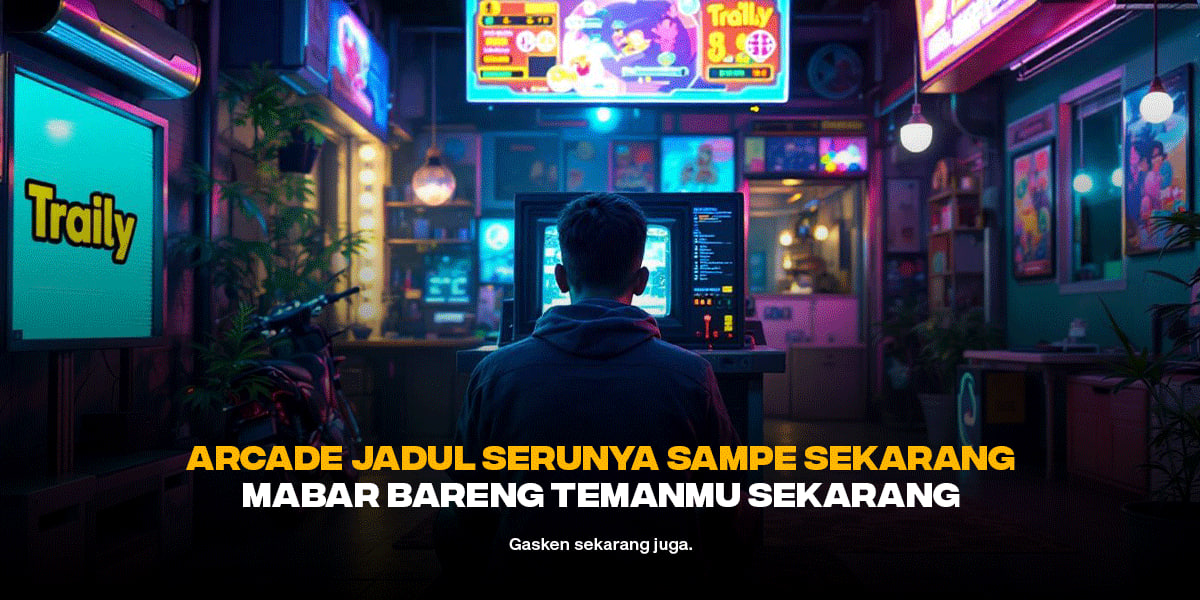 Seorang pria duduk di depan layar mesin arcade retro di tengah ruangan bernuansa klasik dengan neon, sambil bermain game multiplayer klasik.